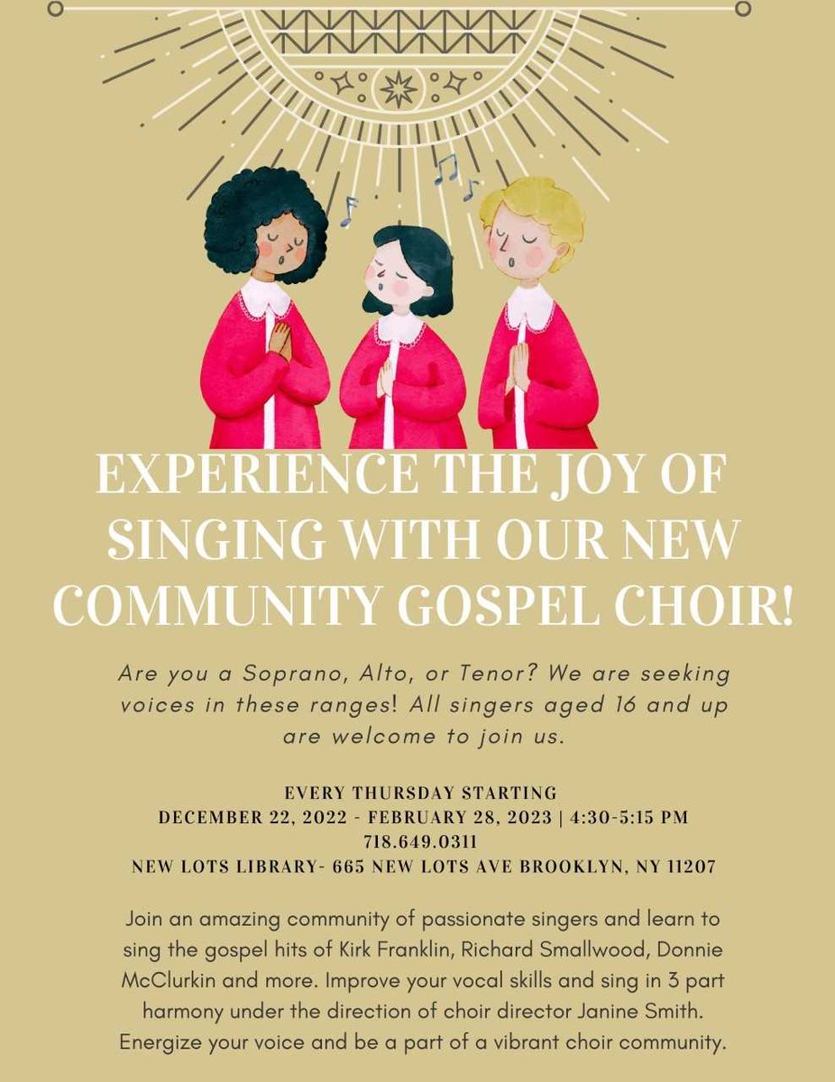 CMbarron2's tweet photo. The New Lots Library is trying to start a Gospel Choir under the direction of choir director, Janine Smith.  All singers age 16 and up are welcome to join.  No experience is necessary. https://t.co/VwoWZJ70IF