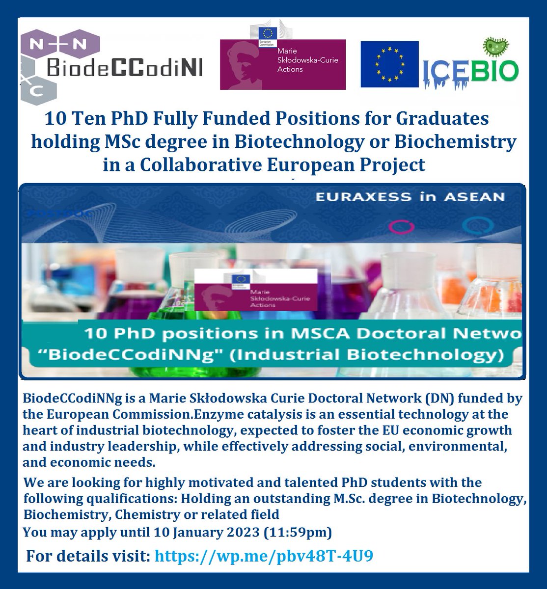 📌 10 Ten PhD Fully Funded Positions for Graduates holding MSc degree in Biotechnology or Biochemistry in a Collaborative European Project 🇪🇺... Please Retweet and spread the word! For details visit the link below👉 wp.me/pbv48T-4U9