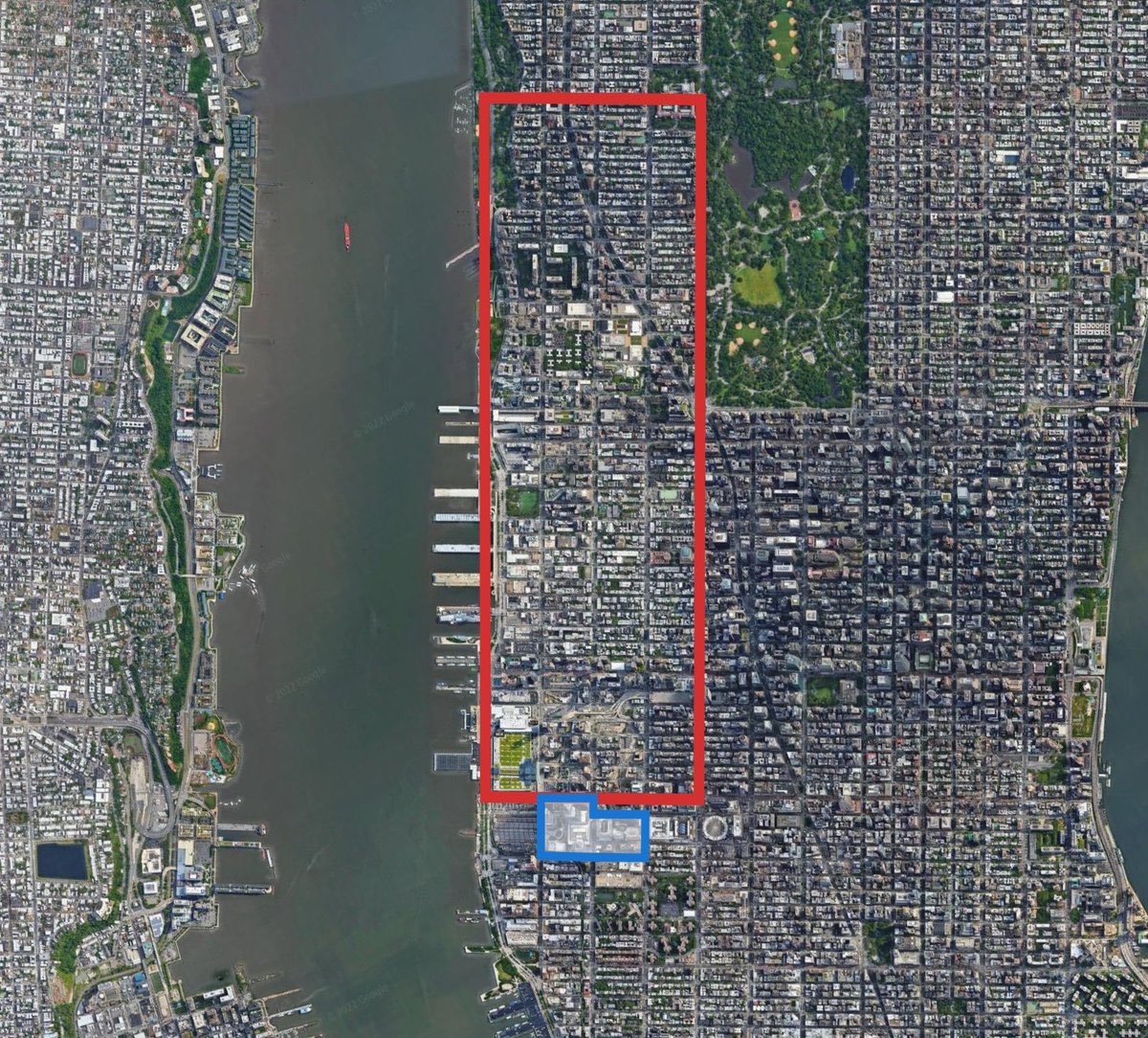If Hudson Yards had to follow Jacksonville's parking requirements, the surface parking lot would take 180 city blocks or 11.5 Disneylands. It would displace 150,000 residents and 206,000 jobs and would take 52 minutes to walk across from end to end.