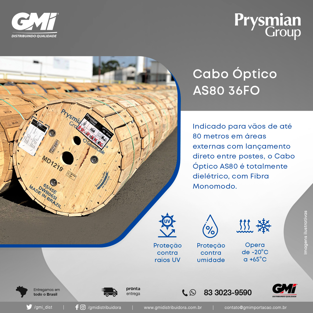 gmi_dist's tweet photo. O AS80 Prysmian é um cabo óptico auto-sustentado para vãos de até 80m. Totalmente dielétrico com Fibra monomodo recomendado para instalações externas como para redes de transportes em entroncamentos urbanos e lançamento direto entre postes, que não requerem o uso de cordoalhas. https://t.co/WgkRuquo7z