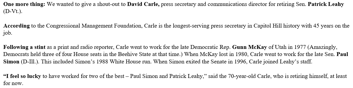 Amazing to see <a href="/PunchbowlNews/">Punchbowl News</a> give the legendary David Carle a shout out in their morning news letter.  

David is an institution, a mentor, and a friend.  

Thanks to <a href="/bresreports/">John Bresnahan</a> and <a href="/JakeSherman/">Jake Sherman</a> for giving the well earned praise.