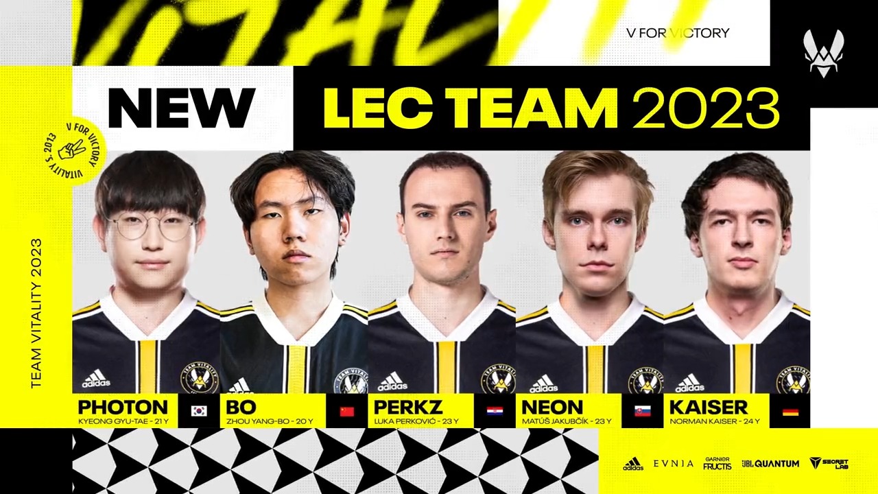 Team Vitality on Twitter: "TOGETHER WE FIGHT 🐝🎵 2023 LEC ROSTER: Top -  Photon Jungle - @Zyblol Mid - @Perkz ADC - @Neon_EUW Support - @Kaiserlol  *Pending Riot Approval #VforVictory https://t.co/zk4k41LeR1" / Twitter