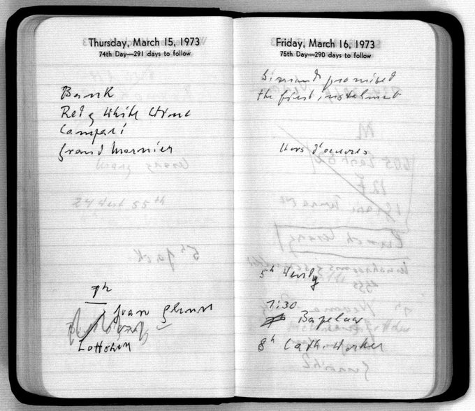 Hannah Arendt's shopping lists for entertaining

Champagne
Flowers
Grand Marnier 
Dubonnet
Jack Daniels
Sherry
Riesling White Wine
Campari
Cheese-puffs
Ham
Doughnuts
Tiparillo cigars