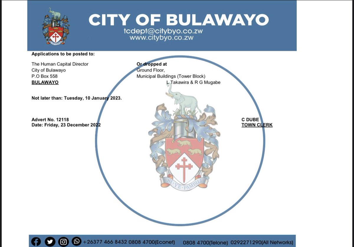 CityofBulawayo's tweet photo. Notice:- Available Post Graduate Traineeships for 2023/2024. https://t.co/yqWcoFrSNx