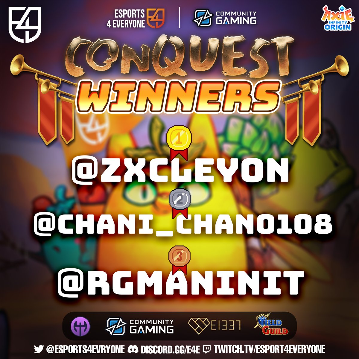 E4E (@e4e_gg) on Twitter photo Congratulations to our first E4E | <a href="/CommunityGaming/">Community Gaming</a> | <a href="/AxieInfinity/">Axie Infinity</a> ConQuest Winners!
🥇<a href="/zxcleyon/">Leyon ⛩️</a> - won 3.5 x $AXS
🥈<a href="/chani_chan0108/">chan1chan.ron🍣sushiclub</a> - won 2.5 x $AXS
🥉<a href="/rgmaninit/">rgmaninit | $XTER $MOJO W3GG 🟨</a> - won 1.4 x $AXS
@EsportsAxie #AxieV3 #Quest4Cash
#eSports #NFTGame #Web3 #Win2Earn Congratulations to our first E4E | <a href="/CommunityGaming/">Community Gaming</a> | <a href="/AxieInfinity/">Axie Infinity</a> ConQuest Winners!
🥇<a href="/zxcleyon/">Leyon ⛩️</a> - won 3.5 x $AXS
🥈<a href="/chani_chan0108/">chan1chan.ron🍣sushiclub</a> - won 2.5 x $AXS
🥉<a href="/rgmaninit/">rgmaninit | $XTER $MOJO W3GG 🟨</a> - won 1.4 x $AXS
@EsportsAxie #AxieV3 #Quest4Cash
#eSports #NFTGame #Web3 #Win2Earn