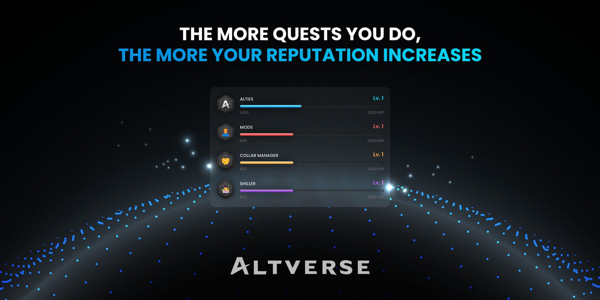 Soon, the more quests you do in the Altverse Discord, the more your #Web3 skill increases!

Altverse will have all types of quests for different roles for you to specialize in:

☄️Moderator
🛸Community Manager
🛰️Collab Manager

Leaderboards will display the best each role!