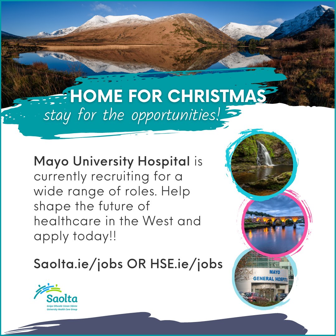 HSE_West_NWest's tweet photo. For any medical, nursing, HSCP &amp; HCA professionals home in #Mayo for Christmas - please check out the exciting opportunities available in Mayo University Hospital. Hiring NOW! 
🔗https://t.co/j4gEOMnLY1
🔗https://t.co/URxwlSnzZW https://t.co/U3Uw4cwiuL