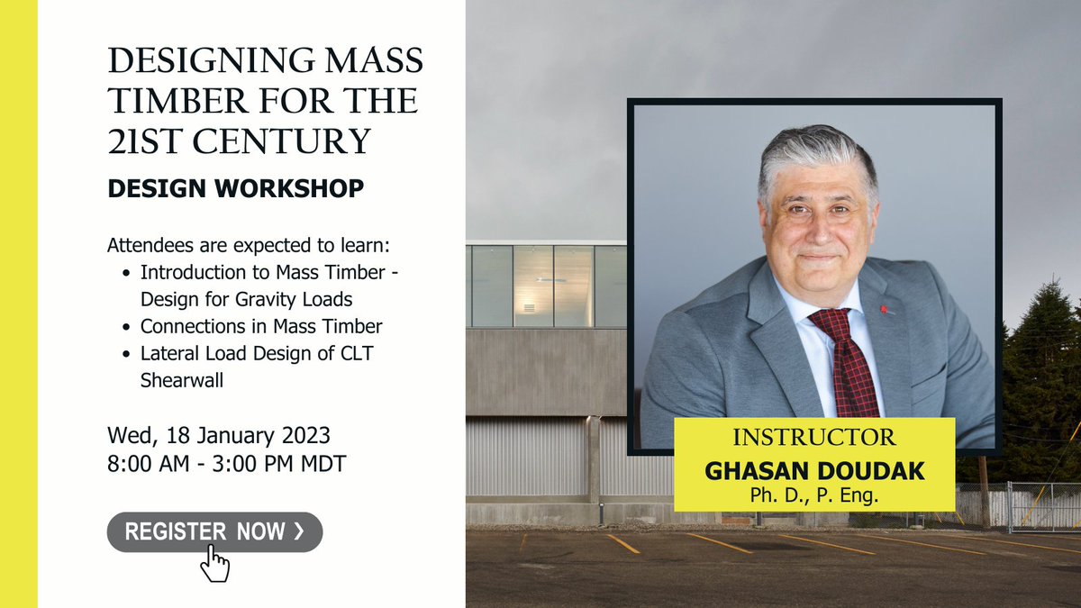 Engineer? Join our popular workshop in Winnipeg and learn:
- Introduction to Mass Timber - Design for Gravity Loads
- Connections in Mass Timber
- Lateral Load Design of CLT Shearwall

Explore the entire workshop schedule here: eventbrite.ca/e/designing-ma…