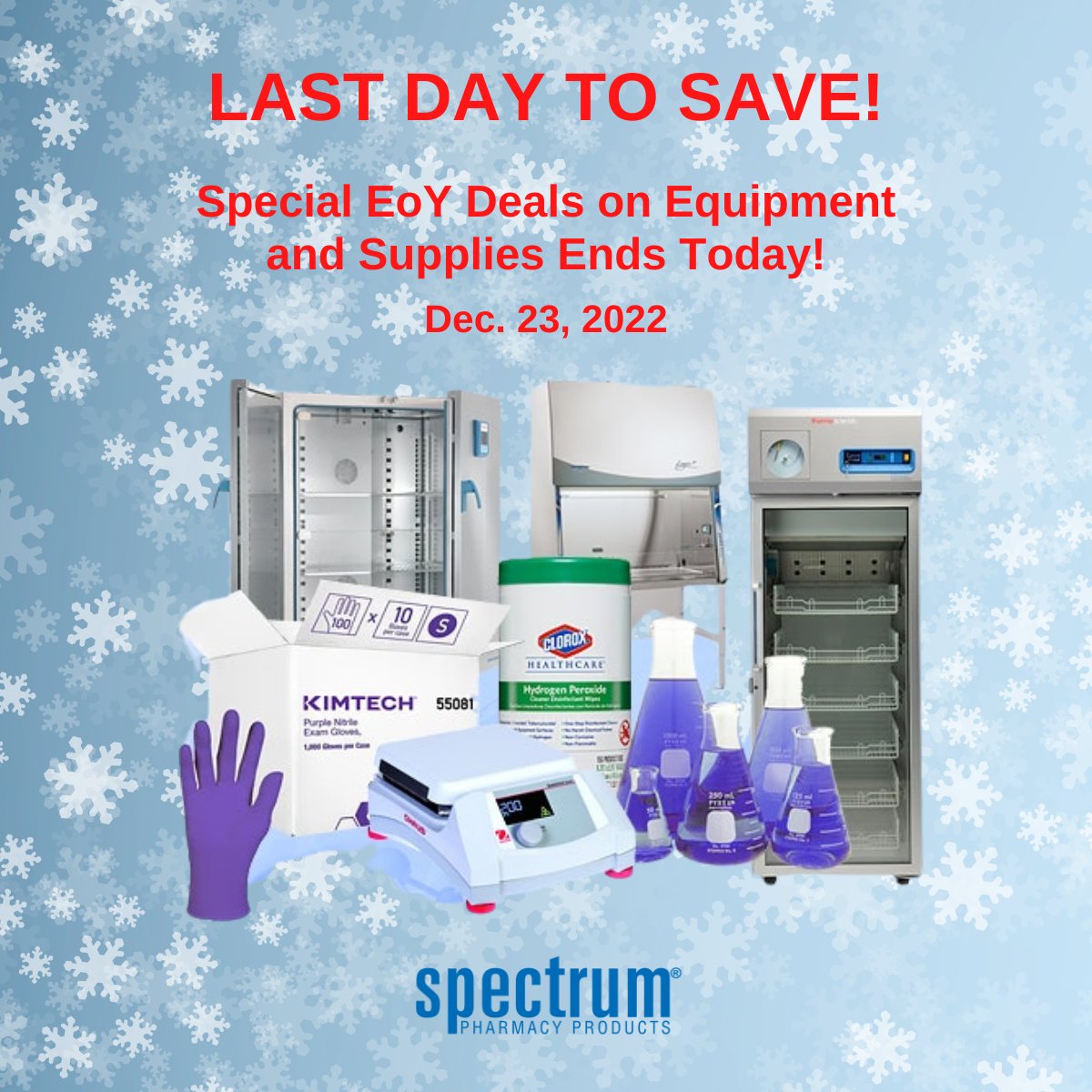 SpectrumRXProds's tweet photo. TODAY is the FINAL DAY to save on 2022 End-of-Year Deals! Get up to 30% off on your favorite equipment and supplies from trusted name brands or take advantage of up to 75% off on thousands of chemicals with our inventory reduction sale! Shop and save now: https://t.co/E6PqZZbGFD https://t.co/JN0VbgDmSP