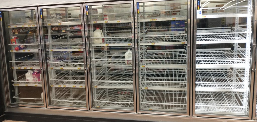 wkyc's tweet photo. The grocery store shelves in Northeast Ohio are starting to look bare. A viewer at Walmart in Chardon shared these pictures with 3News https://t.co/R8A8xsVqkT