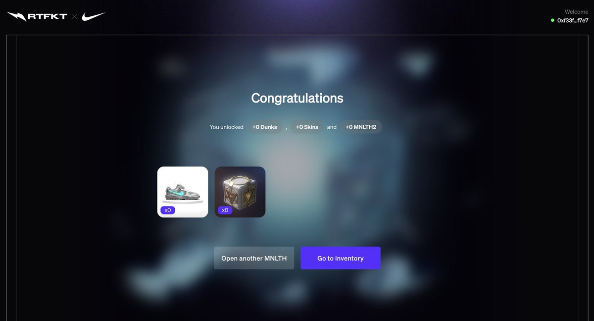 NotForTimmy's tweet photo. Can anyone in the @RTFKT community help me? 

I finally opened this 1st gen MNLTH and it was EMPTY. Here’s my screenshot. 

Was this always a possibility? 

Thank you for any help!

#CloneX #RTFKT https://t.co/vT8RnyUkcc