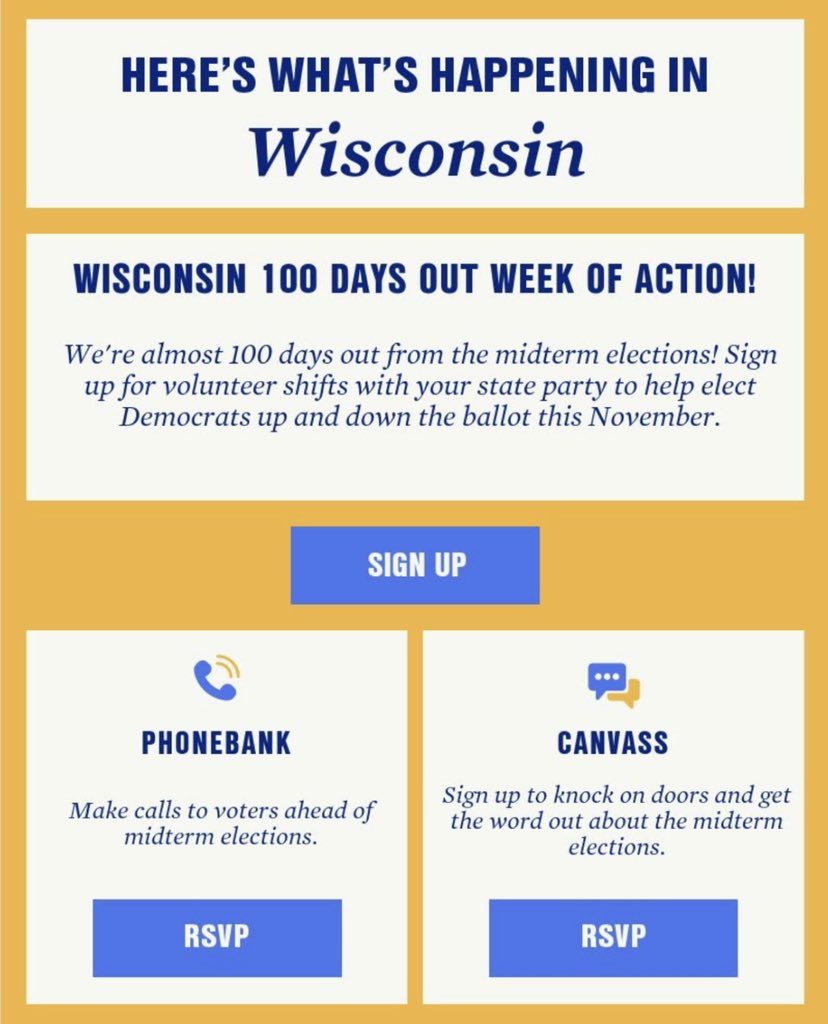 BrittanyArp's tweet photo. don’t think we forgot about our friends in the battleground states! we knew we wanted to drive folks directly to in-state shifts, so we created a separate personalized newsletter featuring each state’s top priority volunteer recruitment asks: https://t.co/SnECLF6Oqb