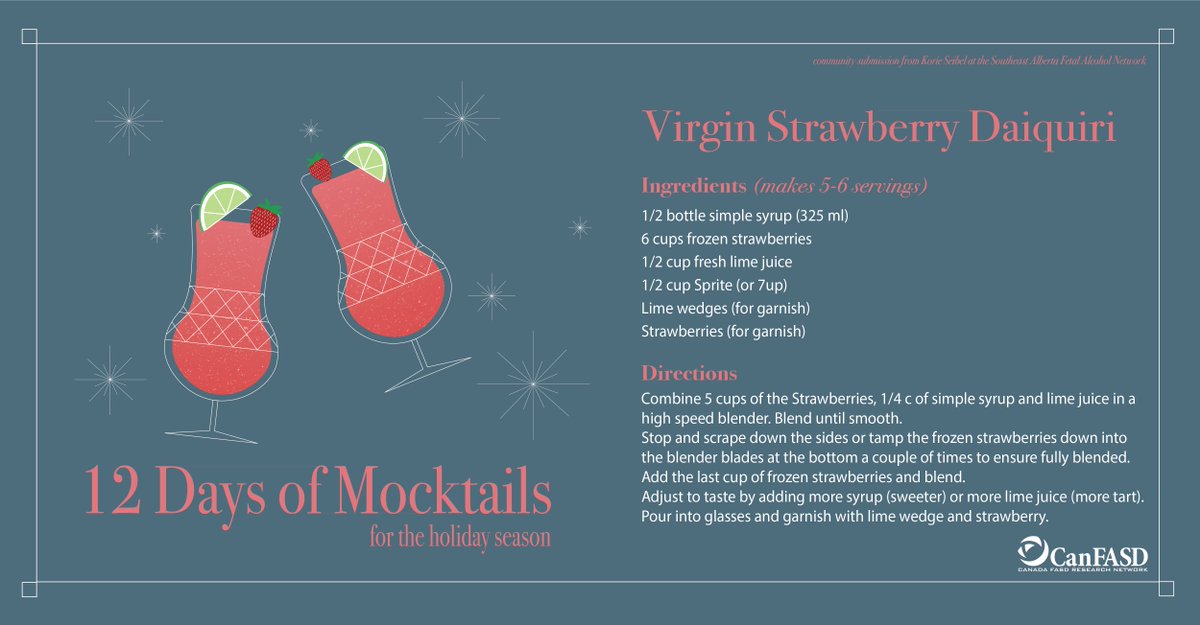 CanFASD's tweet photo. We’re closing out our #12DaysOfMocktails with a recipe for a tasty Virgin Strawberry Daiquiri!
Thanks for following along as we raise awareness of #FASD in Canada and encourage everyone to support healthy pregnancies! https://t.co/eROmkIEBk9