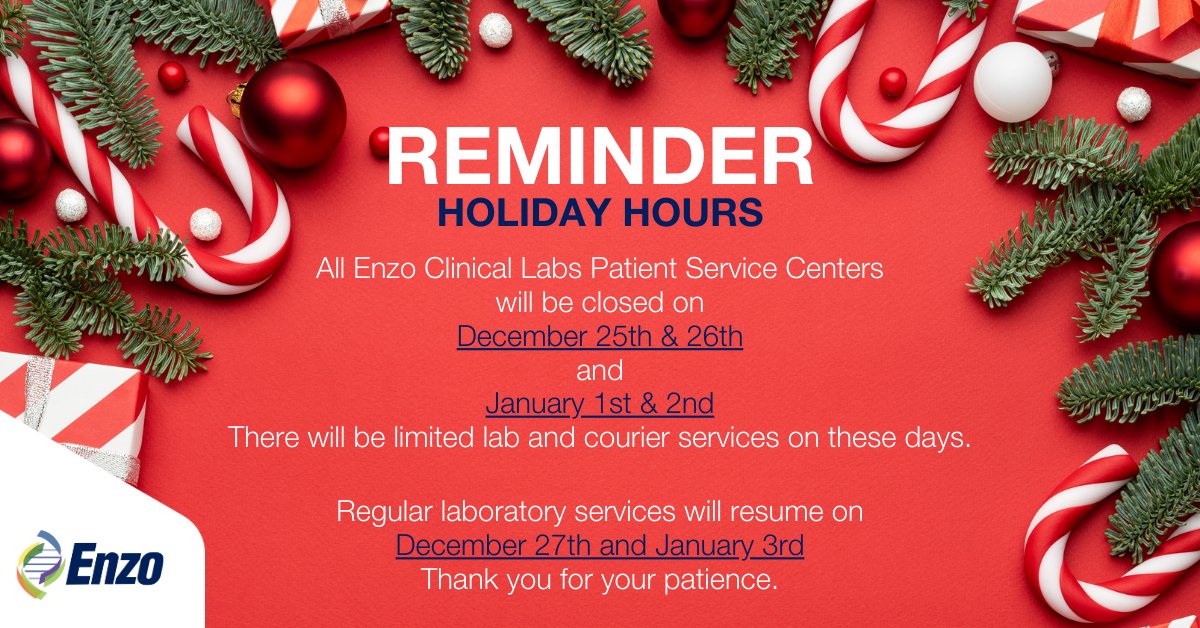 EnzoClinical's tweet photo. Just your holiday reminder!🎄🍾 

Don't hesitate to get in touch with our Service team at 1-800-522-5052 or email clientservicesstaff@enzo.com with any questions or concerns.

We appreciate your patience and greatly thank you for your business.🙏

#Holidays #Thankyou #Family https://t.co/N0k4oiRqp8