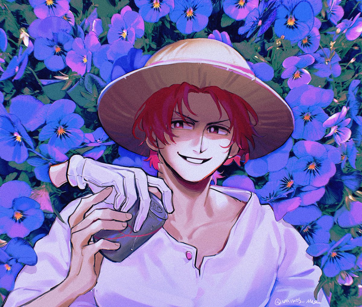 flower 1boy male focus hat red hair smile holding can  illustration images