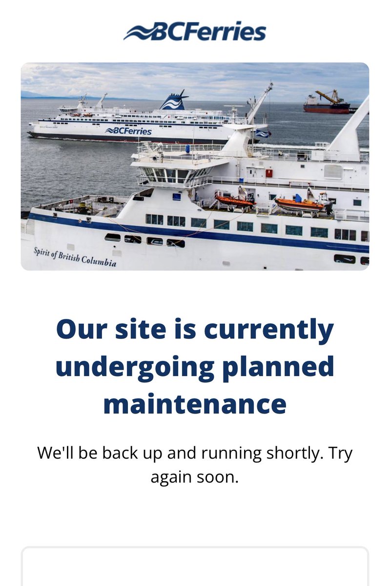 JesfromtheWest's tweet photo. @BCFerries thousands of people are stranded because of bad weather and transit cancellations and you choose NOW to do site maintenance!? Are you kidding me? You have cancellations across just about every route but no one can see what they are. Good job! 🤦🏼‍♂️ https://t.co/s3ZNIhsCDg