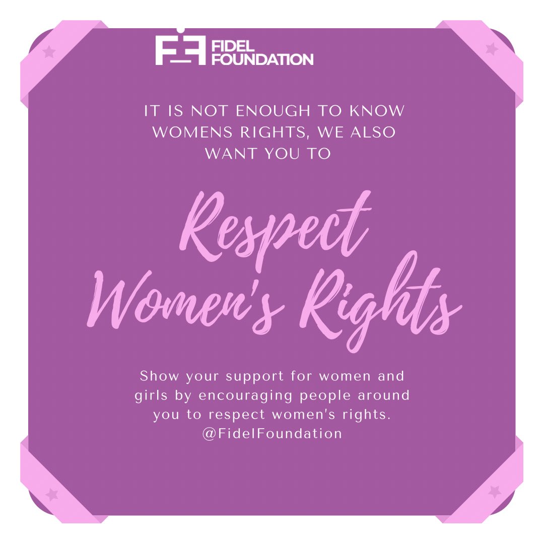 fidel_found's tweet photo. Show support for women and girls by encouraging people around your to respect women’s rights.

#WomenRights
#UNSDG5
#FidelFoundation https://t.co/V0yJZmxOde