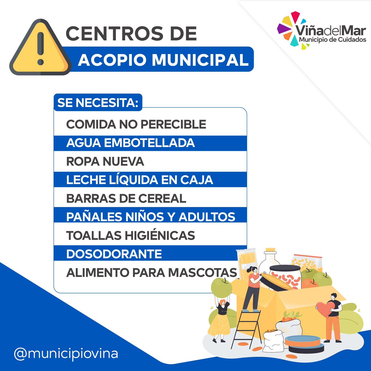 MacaRipa's tweet photo. Centros de acopio municipal actualizados⚠️. Con información de lo que necesitamos y estamos recibendo.  
Agradecemos a todo el país y en especial a la comunidad organizada de otros sectores de Viña del Mar que están colaborando. https://t.co/inVjKL29GV