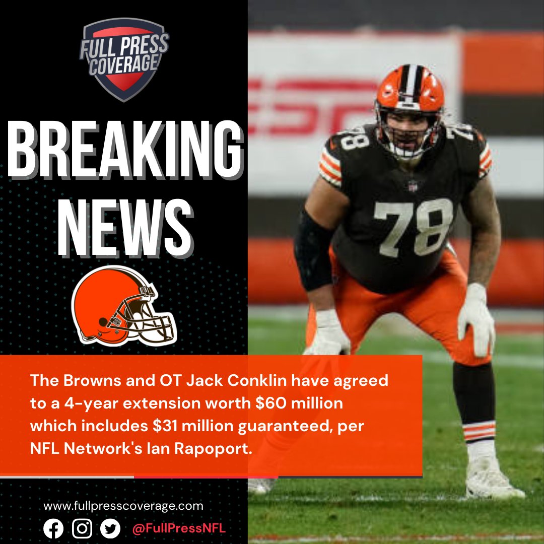 FullPressNFL's tweet photo. Another big extension for an offensive lineman on this Friday. This time Jack Conklin gets the bag from the #Browns #FPC #NFL #NFLTwitter https://t.co/9jbSIskL2n