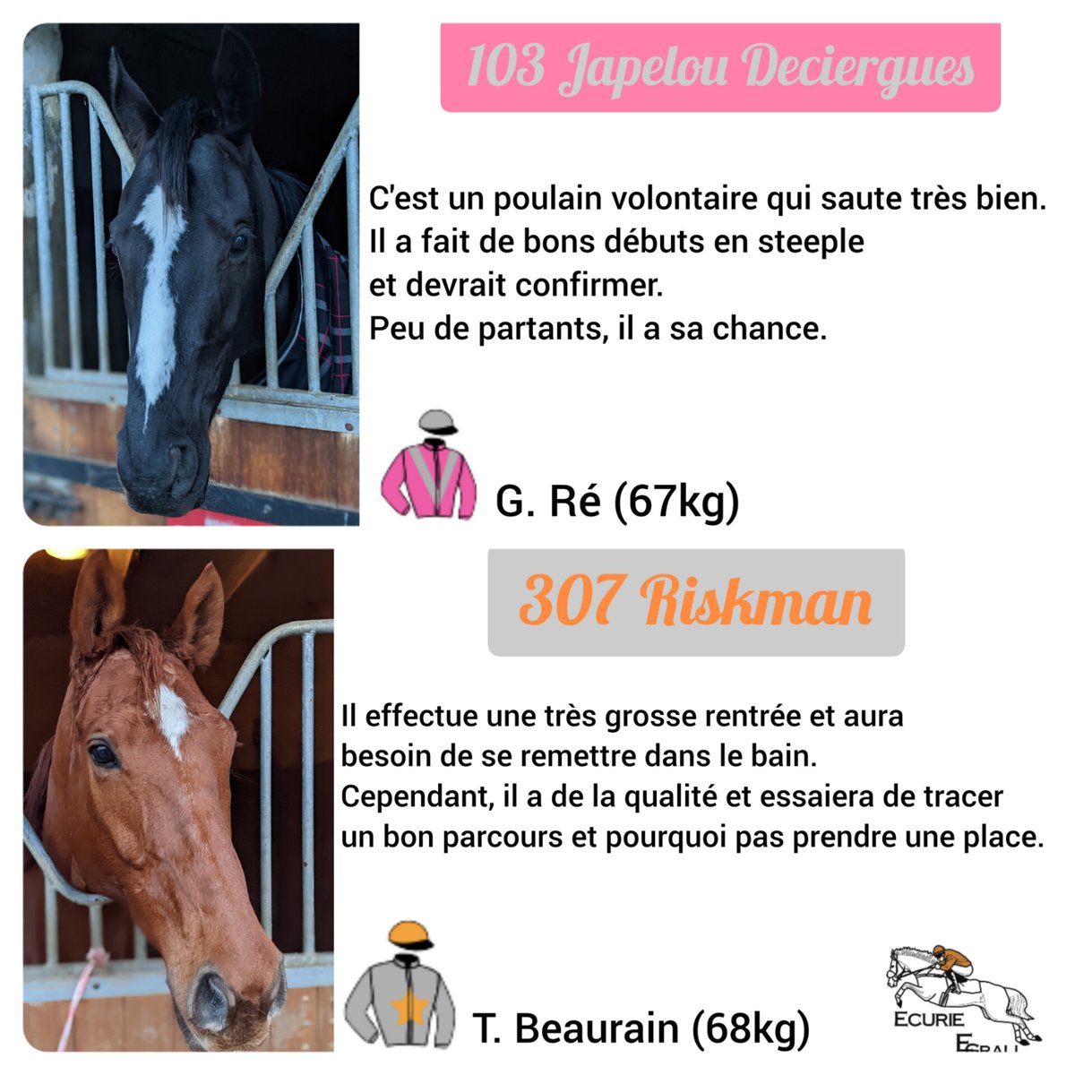 GrallErwan's tweet photo. 6️⃣ partants pour ce samedi à @Hippodrome_Pau (R2) ! 

Dans l'ordre du programme :
 
🐴 Japelou Deciergues 
🐴 Riskman
🐴 Milord du Mesnil
🐴 Indulgente
🐴 Il Est des Notres
🐴 Inside The World

Toutes les infos ici en 3 images ⬇️⬇️
On croise les doigts 🤞🤞 https://t.co/lILRqZ5Acb