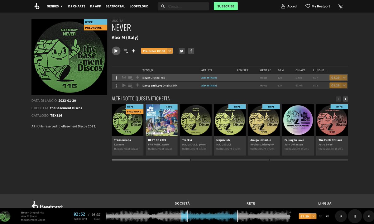 Oh Yess 🥳 Now in Preorder on Beatport
My New EP Never @thebasementdiscos
Preorder now beatport.com/release/never/… 
out 20/1/2023 💪 stay tuned guys 📡 Alex M 
#house #housemusic #techouse #alexmitaly #techhouse #electronicmusic #happyhouse  #dj #dancefloor #ibiza #thebasementdiscos