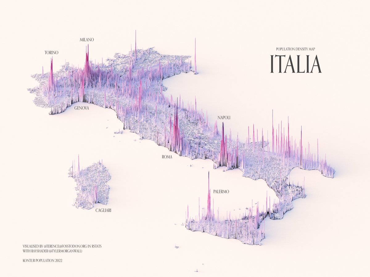 Power's out so raymachine gets a much-needed break. Fortunately (or not), I've a store of population density maps so here's one of Italy.

#rayshader adventures, an #rstats tale