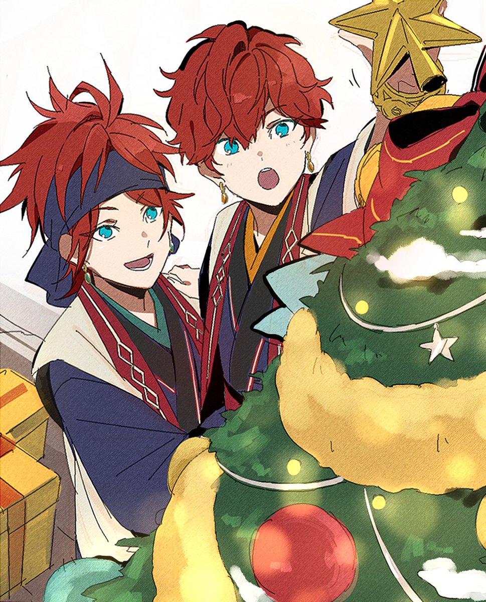 red hair multiple boys 2boys open mouth blue eyes earrings christmas tree  illustration images