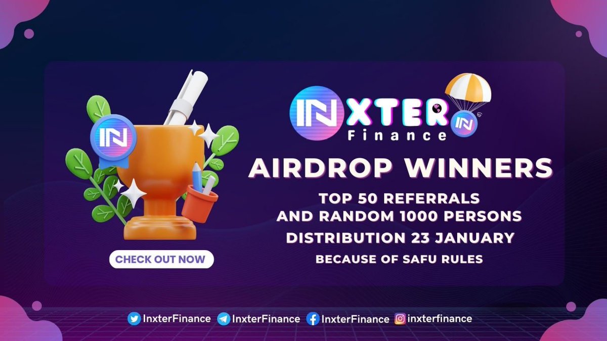 MissionBull's tweet photo. 🥳 We are glad to Announce the Winners 
🤩 Of Inxter Finance Airdrop
✅ Distribution: 23 January ( SAFU Rules )

✅Check Out Your BSC Address Here: 
https://t.co/0ASKnPwRvZ https://t.co/5OnA80BhYo