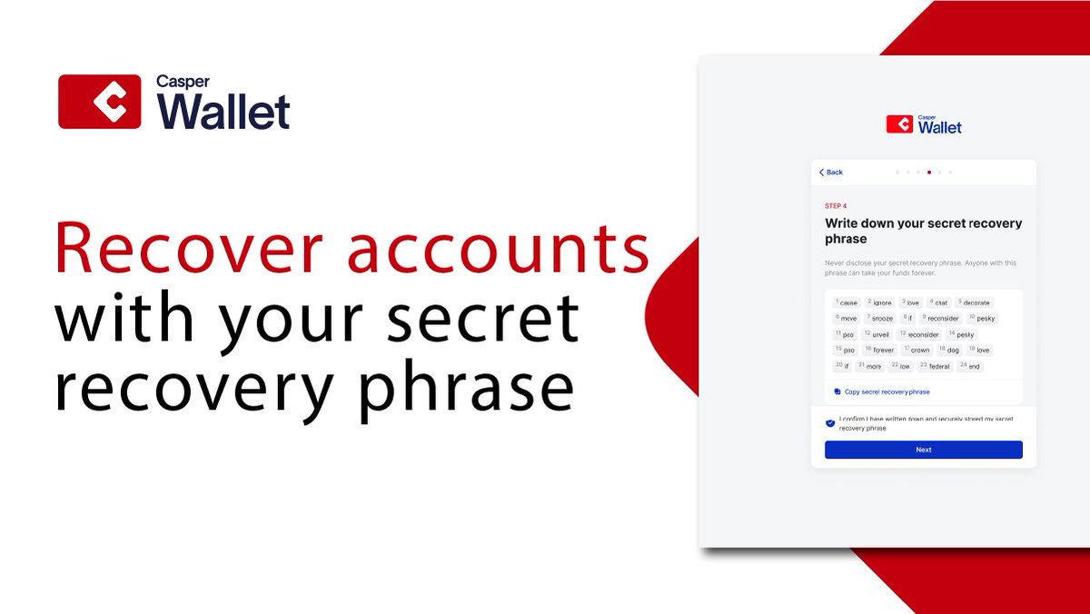 casper_wallet's tweet photo. Feature Preview: Create unlimited #Casper accounts. Use a single secret recovery phrase to recover them all! 🔑 https://t.co/nJL8v9vVtF