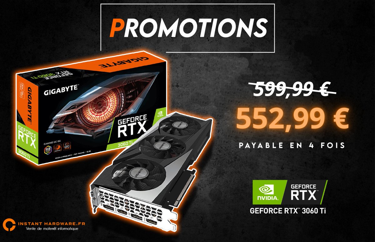 Instanthardware's tweet image. Très fier de pouvoir proposer la carte graphique Gigabyte Geforce RTX 3060Ti à seulement 552,99€ 
Payable en 4 fois sans frais !
instanthardware.fr/cartes-graphiq…

#RTX3060 #NVIDIA #PayPal #cartegraphique #rtx4090 #promotion #Noel