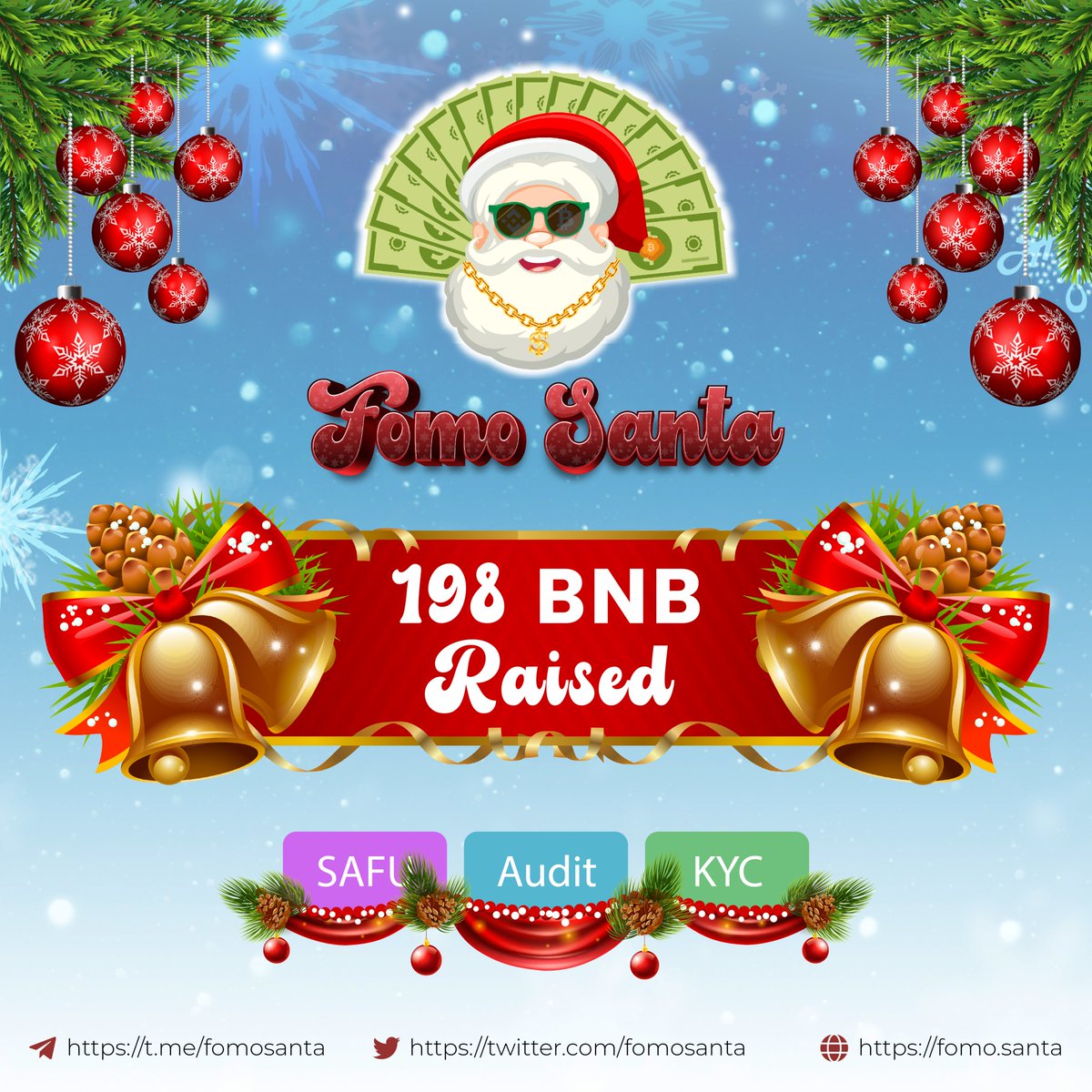 Congratulations to everyone who participated in the <a href="/FomoSanta/">FOMO Santa</a> presale.

We raised 198BNBs.

Next Stop > FOMO SANTA Launching <a href="/PancakeSwap/">PancakeSwap</a> on 23 Dec 22 at 06:00PM(UTC).