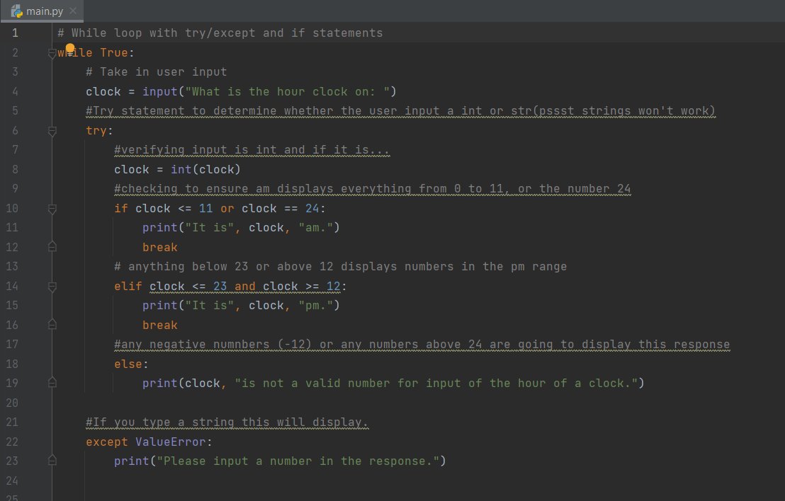 TruckerToCoder's tweet image. Found a problem on a fb post from a group I'm in, this worked for me, they asked, take user input for the hour, on a 24 hr clock and display whether its am or pm #learningpython #Pycharm #WhileLoop
