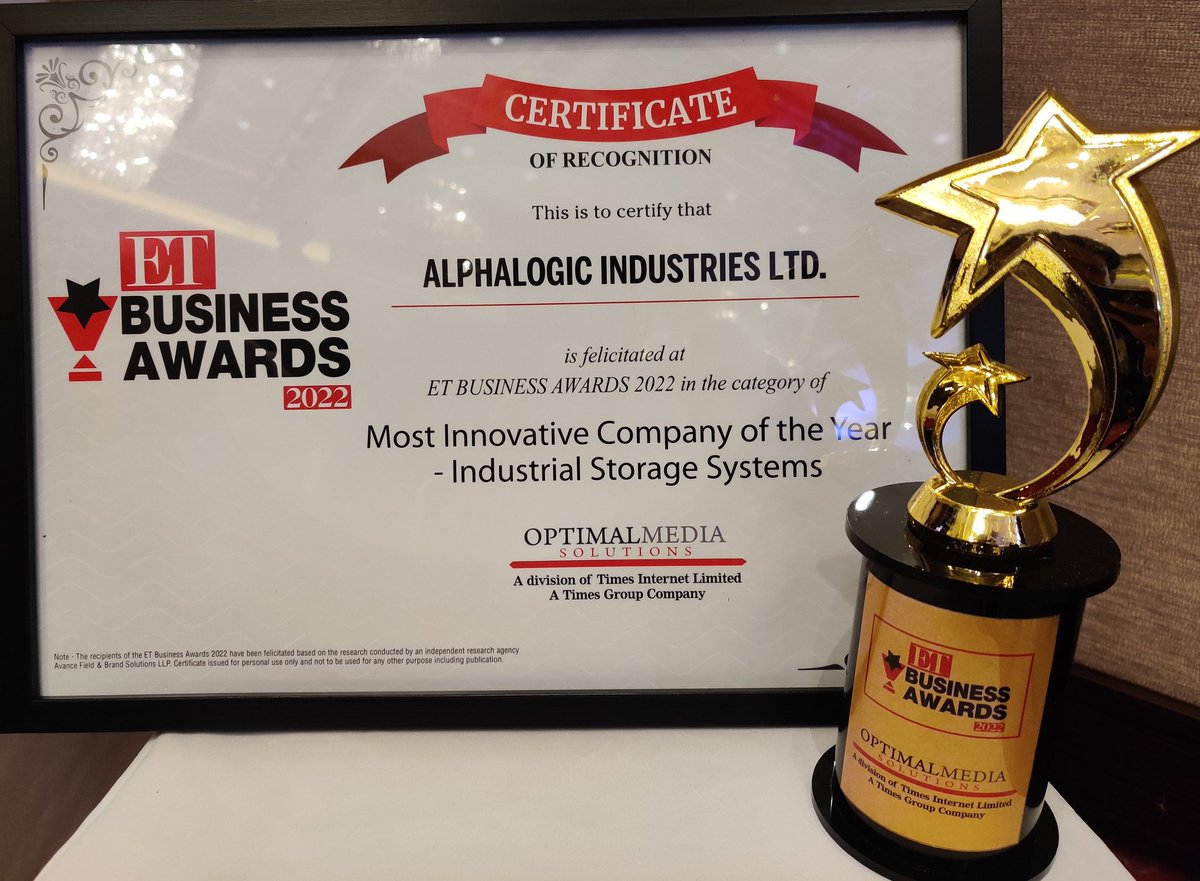 AlphalogicInd's tweet photo. Congratulations team #Alphalogic on being conferred the 'Most Innovative Company of the Year' in Industrial Storage Systems Category by economic times' ET Business Awards 2022. #innovative #storage #company #bseindia https://t.co/30PIEl8h6W