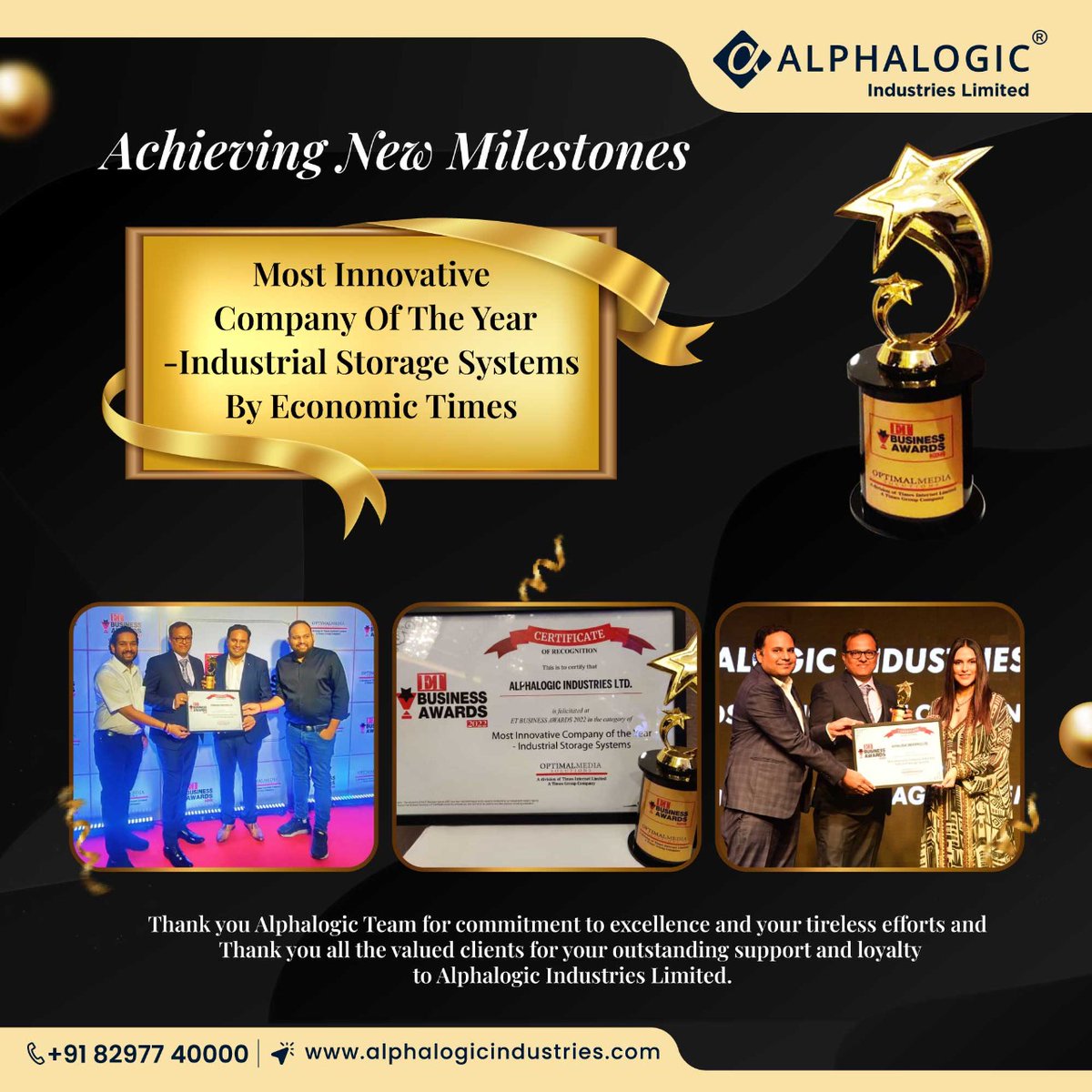 AlphalogicInd's tweet photo. Congratulations team #Alphalogic on being conferred the 'Most Innovative Company of the Year' in Industrial Storage Systems Category by economic times' ET Business Awards 2022. #innovative #storage #company #bseindia https://t.co/30PIEl8h6W
