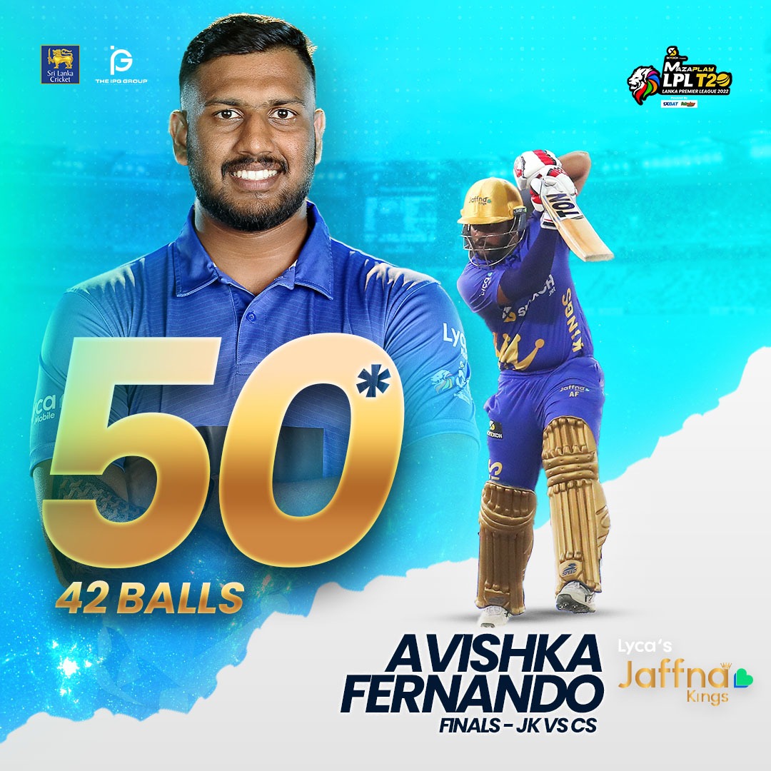 LPLT20's tweet photo. Avishka Fernando 50* runs for 42 balls.
Tickets @Daraz_lk
@maza_play @1xBatSporting @fairplay__news   @officialskyexch  #CBLMunchee  #Daraz #BJSports #nipponpaintlk  @Toyamsportsltd  @tigerexch  @srilankavisit #Shaktea  #AmericanPremiumWater @Dafanewsindia
#LPL2022 https://t.co/e0v6xbX6Zo