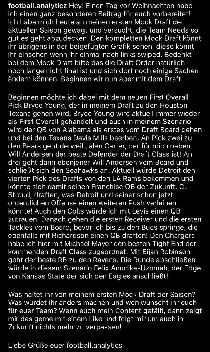 ftbllanalytics's tweet photo. Hey! Einen Tag vor Weihnachten habe ich mich an meinen ersten Mock Draft der Saison getraut und möchte euch diesen heute präsentieren!Bedenkt das es noch relativ früh ist und sich bei den Picks und der Draft Order noch einiges ändern kann! #ranNFL #MockDraft #NFLDraft2023 #Carter https://t.co/EyLJVti8xO
