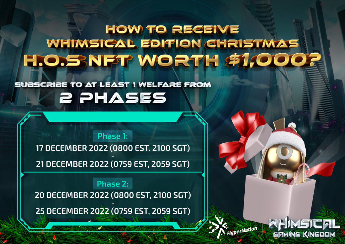 🎁Limited Edition Special Welfare Bonanza🎁 Phase 2 has started! Hurry & Grab your chance NOW!👉h5.hypernation.io/landing Find out more: tinyurl.com/2t25fz9f #HyperNation #WhimsicalWelfare #ChristmasWelfare #WelfareBonanza #NFTFiesta #LimitedEdition