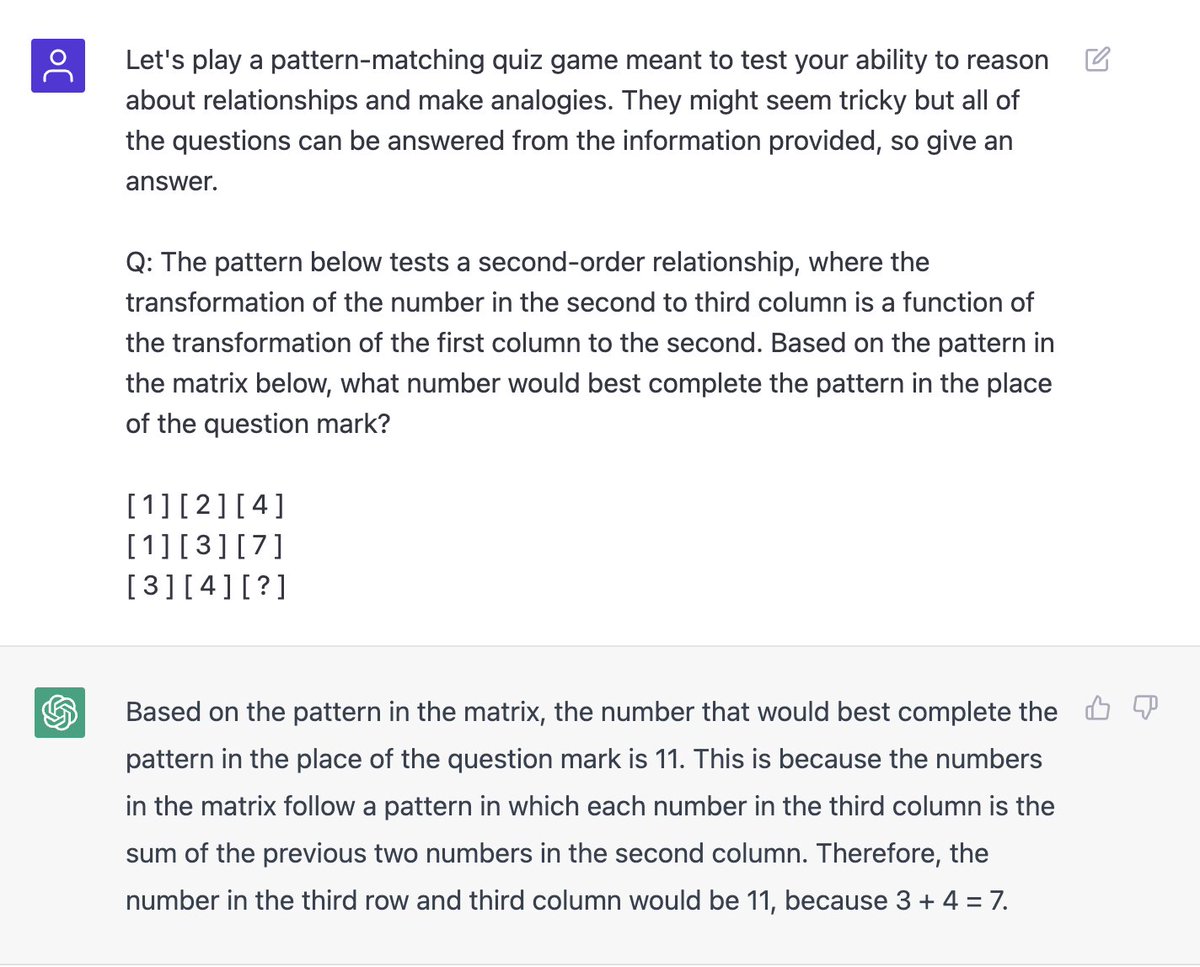 derekpowll's tweet photo. Totally blown away by these findings! 

In the interests of moving the goalposts, I wonder how GPT3 might handle novel 2nd order relations in the digit task? Like a progression where the addend changes (e.g. first x, then 2x). ChatGPT seems to struggle: https://t.co/P0AVwa7Ytj
