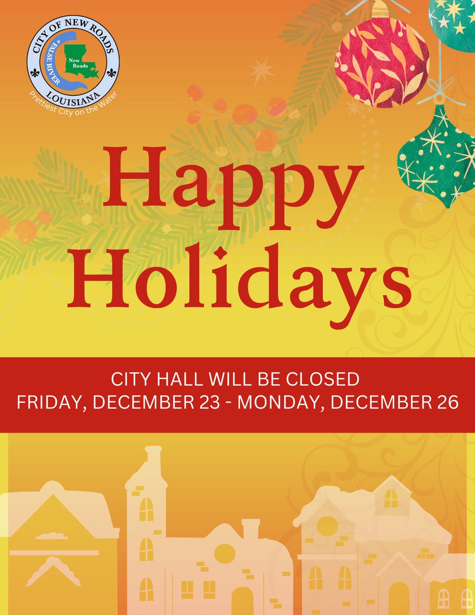 cornell_dukes's tweet photo. City Hall will be Closed on Friday December 23rd through Monday, December 26th in observance of the Christmas Holiday.

Regular operations resume Tuesday, Dec. 27 following the observed Christmas holiday. https://t.co/t70rubTFoa