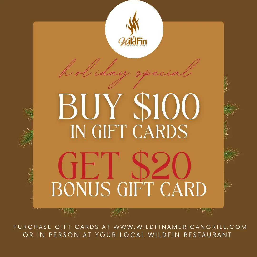 WildFinGrill's tweet photo. Looking for a last minute Christmas gift?  Buy $100 in gift cards, and receive a bonus $20 gift card! Purchase online or purchase &amp; pickup at one of our locations. https://t.co/8TDcR1LoQH