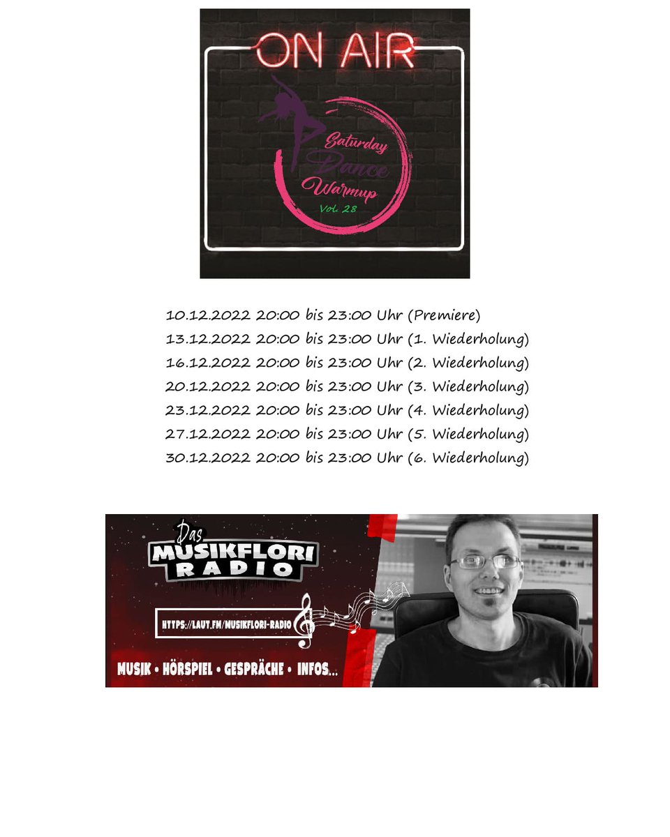 Gleich von 20:00 bis 23:00 Uhr könnt ihr nochmal auf unserer Tanzfläche zum 28. <a href="/dance_warmup/">Saturday Dance Warmup</a> abfeiern.
Also schaltet das <a href="/RadioMusikflori/">Musikflori-Radio</a> ein.

laut.fm/musikflori-rad…