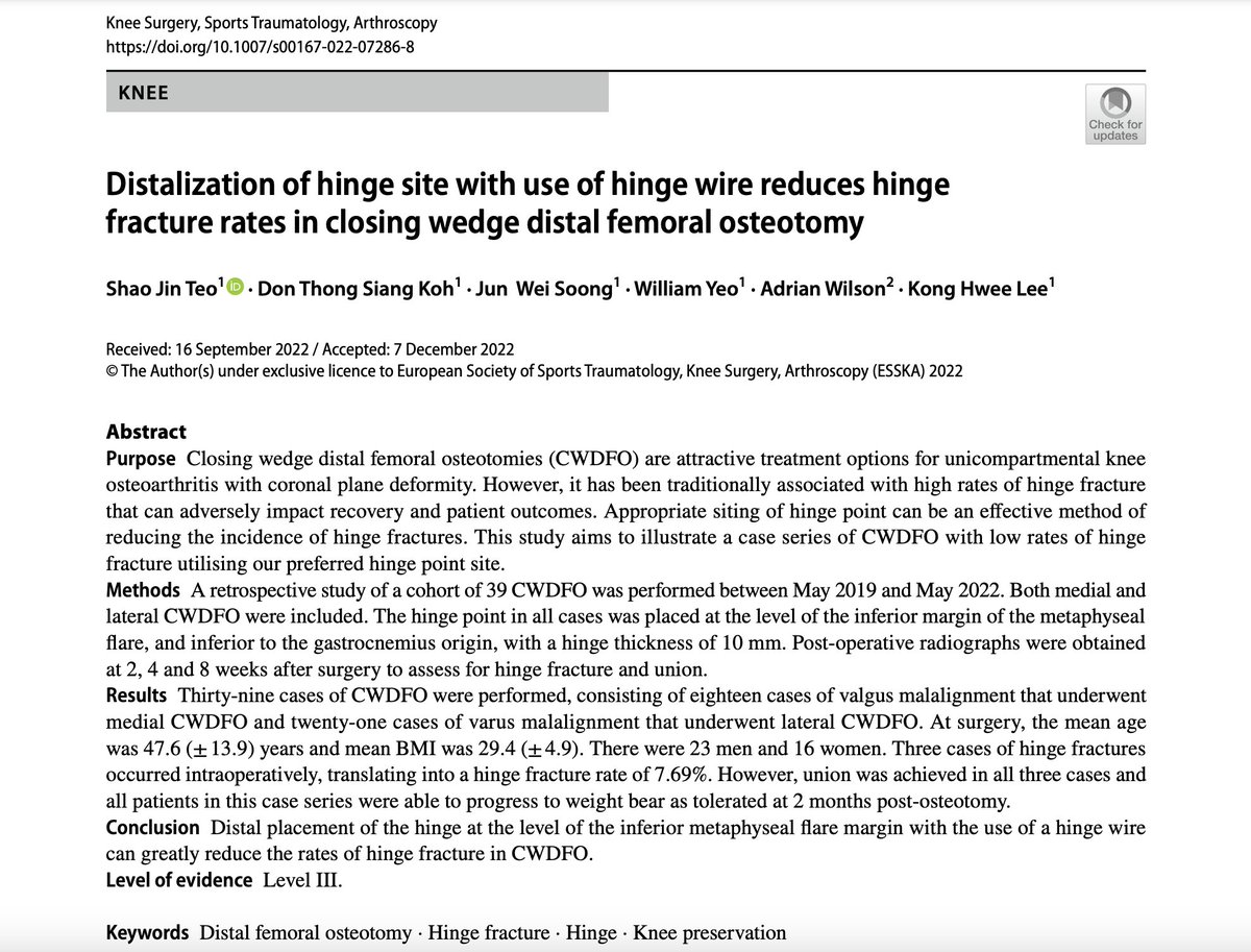KneeExpertSG's tweet photo. In closing wedge distal femoral osteotomy, hinge fracture rates can be as high as 50%.

This is the first clinical study showing with a distal hinge point and a protective K wire, we are able to reduce the incidence to 7.69% &amp; no subsequent non-unions.🙂

https://t.co/qUNK2XutKX https://t.co/jQPoLCDzor