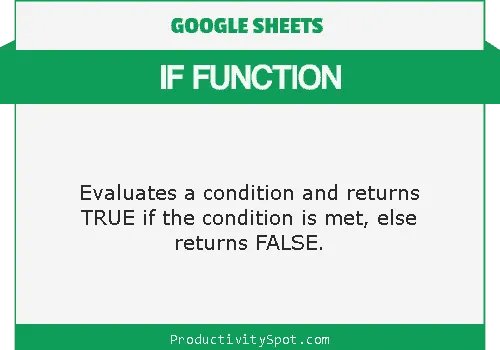 ProductivitySpt's tweet image. Using #IFFunction in #GoogleSheets (with Examples): buff.ly/3PNQuyq 

IF function in Google Sheets can be used when you want to check a condition and then based on it, returns a specified value if it’s TRUE, or else return the other specified value.