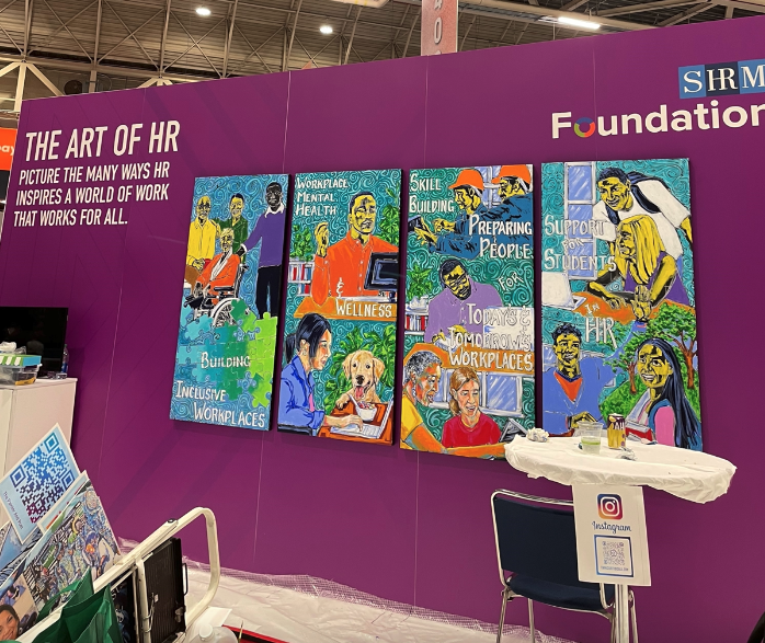 SHRM's tweet photo. This year, at #SHRM22, local artist @tami_nolaart painted a #vibrant and #inspiring mural representing the work of the #SHRMFoundation. Thank you Tami for your incredible work! https://t.co/MpjMh2Q596