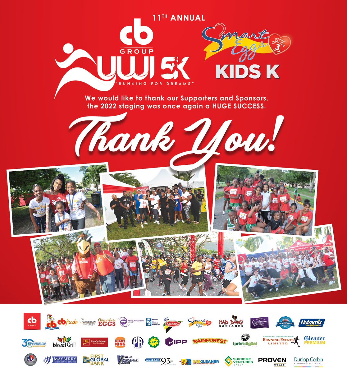 UWI5K's tweet photo. Thank you once again to our sponsors and supporters for being a part of the CB Group UWI 5K &amp; Smart Eggs Kids K this year 🙌🏽

We appreciate your continued support and can’t wait to see you next year! 

#WeRunForDreams https://t.co/CnHOKjNkqT