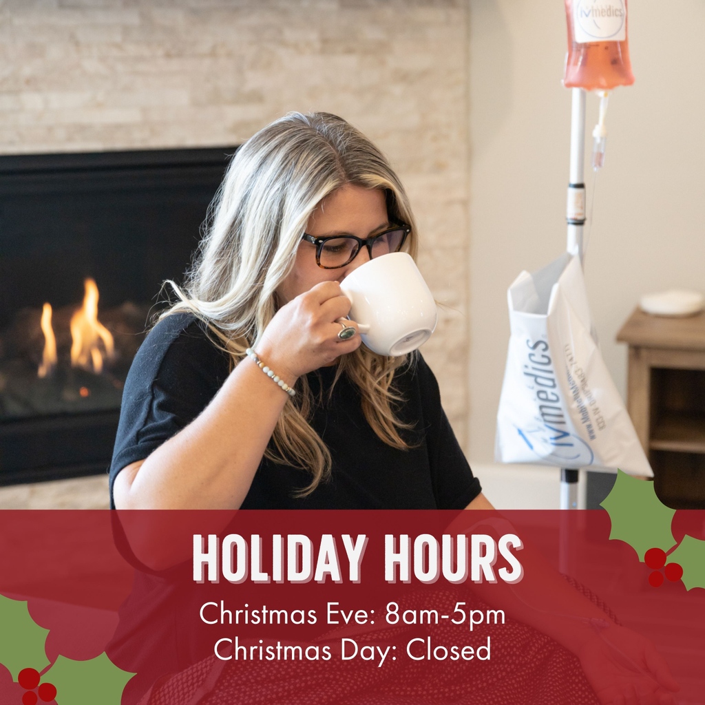 MobileIVMedics's tweet photo. We will be open tomorrow from 8am-5pm, closed on Christmas day, and will be open again on Monday from 8am-8pm!⁠ 🎄
⁠
Visit https://t.co/rg9vSVXuyU for more info and bookings, or call/text us at 833-IV-DRIPS (483-7477) today! https://t.co/21KcOj86v2