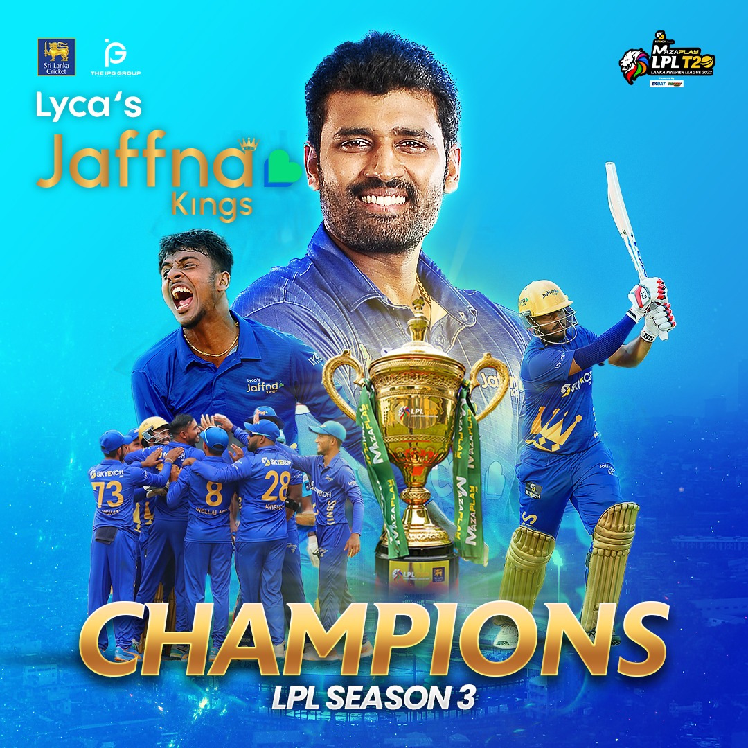 LPLT20's tweet photo. Jaffna Kings are the Champions tonight for the 3rd consecutive time! ✨
@maza_play @1xBatSporting @fairplay__news   @officialskyexch  #CBLMunchee  #BJSports #nipponpaintlk  @Toyamsportsltd  @tigerexch  @srilankavisit #Shaktea  #AmericanPremiumWater @Dafanewsindia
#LPL2022 https://t.co/Wr8iFGLIH8