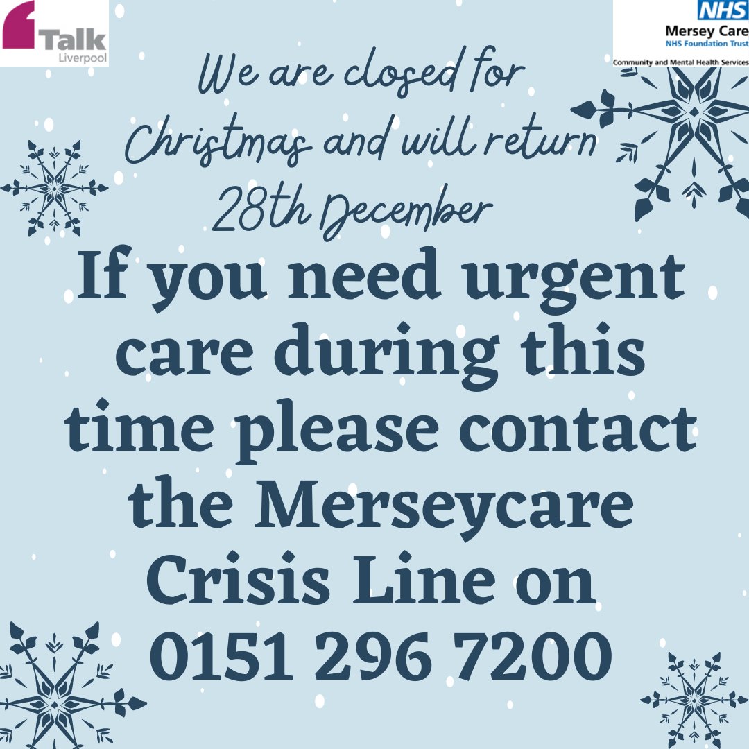 TalkTherapyLiv's tweet photo. If you need help over the Christmas period, please phone the Crisis Line on 0151 296 7200.
#mentalhealth #mentalhealthawareness #talkliverpool #mentalhealthliverpool #mentalhealthmatters #mentalhealthsupport #mentalhealthcommunity #liverpoolnhs #merseycare https://t.co/TPugBVl42x