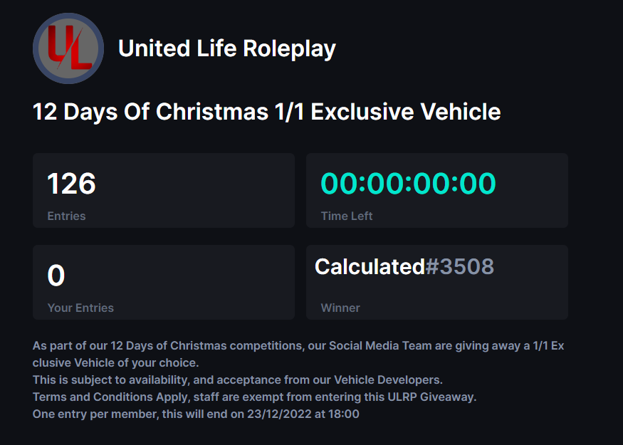 UnitedLifeRP's tweet photo. Congratulations to Calculated on winning this!
We've got 2 more competitions coming up after this, so keep an eye out ;) https://t.co/ACmna4r4Xo