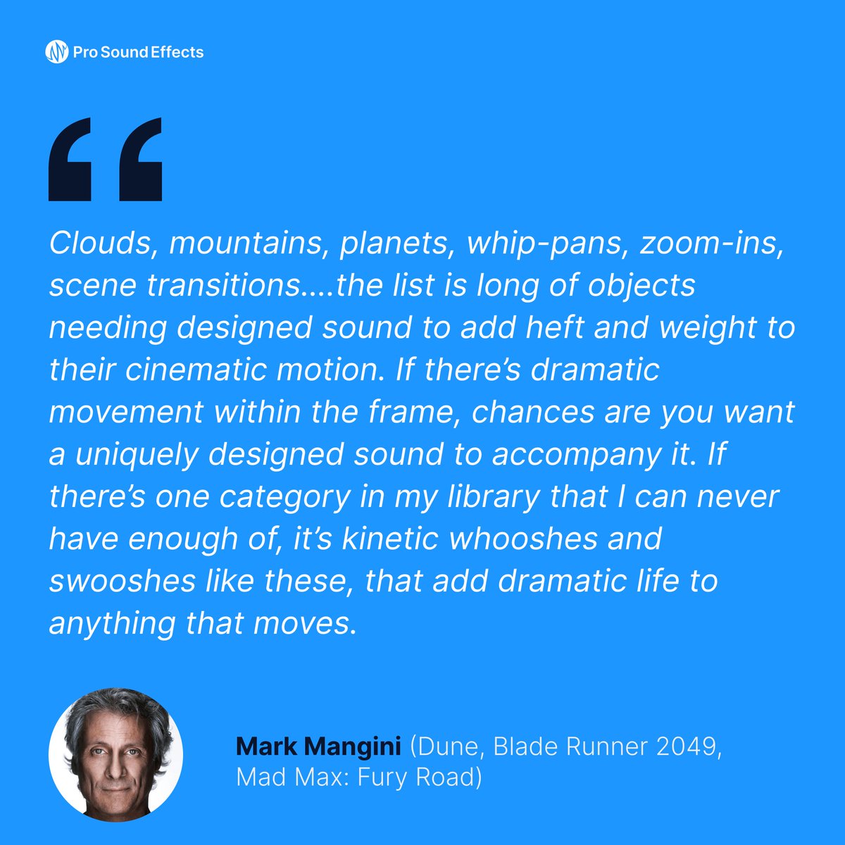 Pro Sound Effects (@prosoundeffects) on Twitter photo 🌀Add dynamic motion with highly specific, custom-designed vivid whooshes from Academy Award®-winning sound artist <a href="/mark_mangini/">Mark Mangini</a>
❄️ Until Dec. 31, you can pick up all of our Specialty Libraries, including Kinetic by Mark Mangini for 30% off: bit.ly/3PvLK0f 🌀Add dynamic motion with highly specific, custom-designed vivid whooshes from Academy Award®-winning sound artist <a href="/mark_mangini/">Mark Mangini</a>
❄️ Until Dec. 31, you can pick up all of our Specialty Libraries, including Kinetic by Mark Mangini for 30% off: bit.ly/3PvLK0f